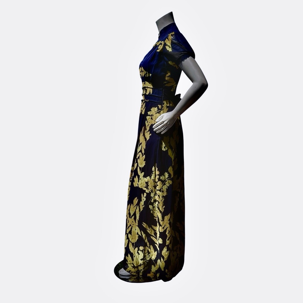 Marchesa Notte Maxi Dress 4 Navy Blue Yellow Flutter Bohemian Luxe Wedding Guest - Picture 7 of 16